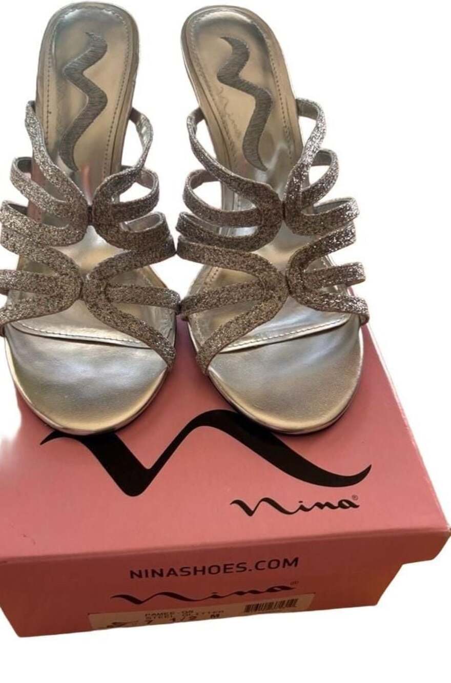Nina Pamee Silver Glitter Strappy Lucite Heel Sandals Size 7.5M